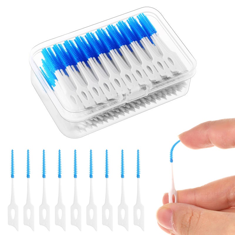 RAYITO 350 Pieces Interdental Brushes, Silicone Dental Brushes 2-in-1 Blue Tooth Floss Picks Teeth Floss Sticks Dental Toothpicks Cleaning Tool for Braces Oral Cleaning(Blue)